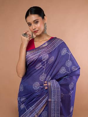 Blue Bhagalpuri Silk With White Floral Printed saree with running blouse piece 4