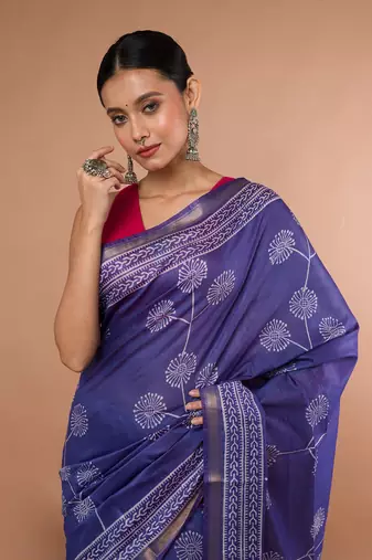 Blue Bhagalpuri Silk With White Floral Printed saree with running blouse piece