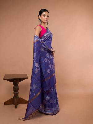 Blue Bhagalpuri Silk With White Floral Printed saree with running blouse piece 5