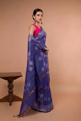 Blue Bhagalpuri Silk With White Floral Printed saree with running blouse piece
