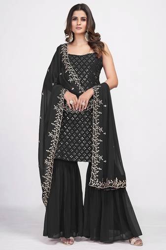 Black mirror work kurta with embroidered dupatta and georgette sharara set
