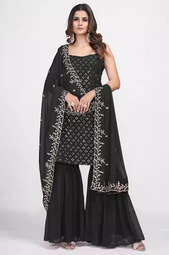 Black mirror work kurta with embroidered dupatta and georgette sharara set