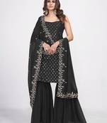Black mirror work kurta with embroidered dupatta and georgette sharara set