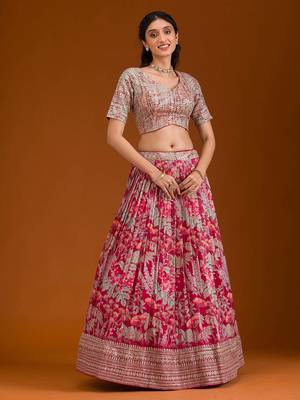 pink floral organza lehenga set with choli and dupatta 2