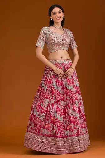 pink floral organza lehenga set with choli and dupatta