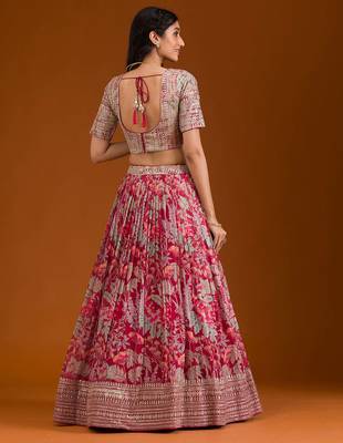 pink floral organza lehenga set with choli and dupatta 3
