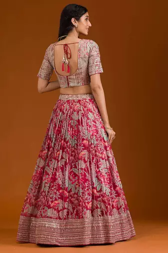pink floral organza lehenga set with choli and dupatta