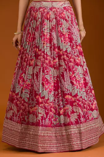pink floral organza lehenga set with choli and dupatta