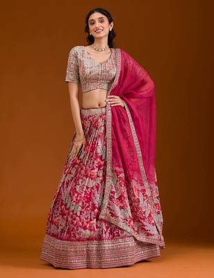 pink floral organza lehenga set with choli and dupatta 5