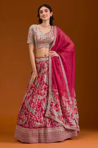 pink floral organza lehenga set with choli and dupatta