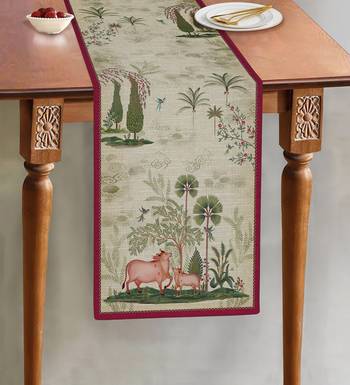 Beige Pichwai Table Runner Online | Elegant Handmade Table Linen 1
