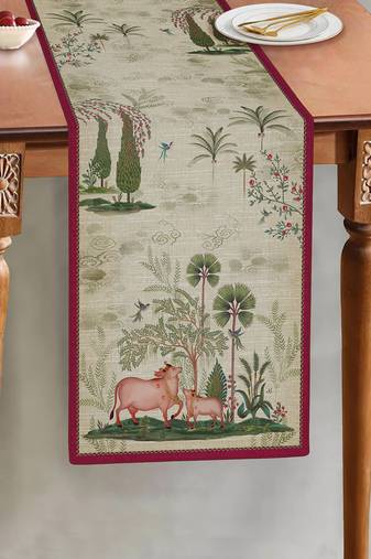 Beige Pichwai Table Runner Online | Elegant Handmade Table Linen