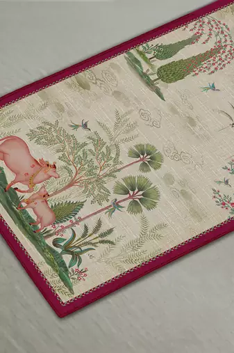Beige Pichwai Table Runner Online | Elegant Handmade Table Linen