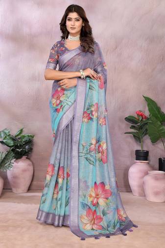 Purple woven cotton silk saree with blouse piece
