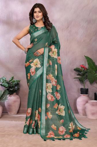 Green woven cotton silk saree with blouse piece
