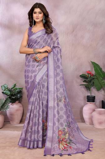 Purple woven cotton silk saree with blouse piece