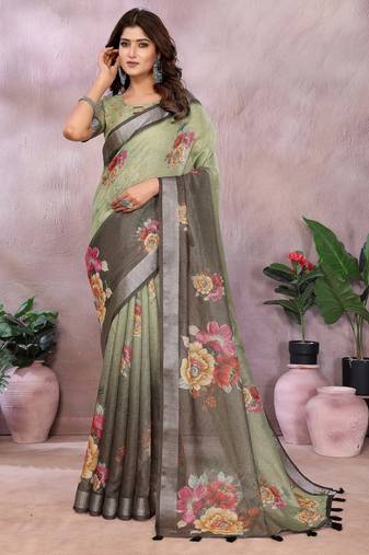 Green woven cotton silk saree with blouse piece