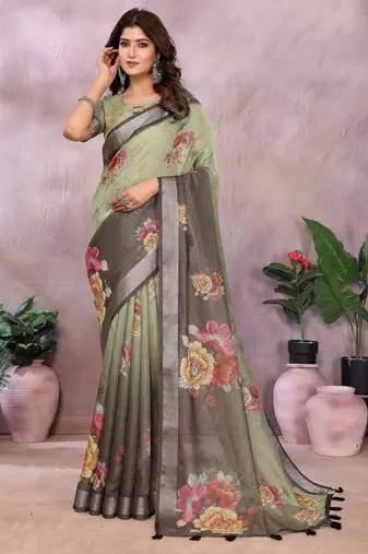 Green woven cotton silk saree with blouse piece