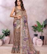 Beige woven cotton silk saree with blouse piece
