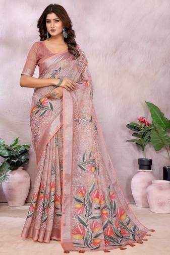 Pink woven cotton silk saree with blouse piece