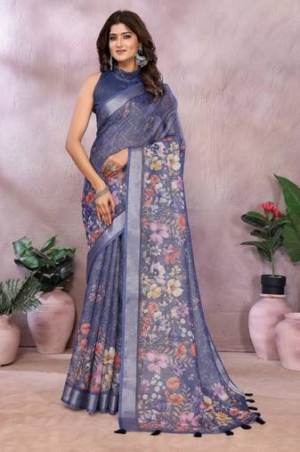 Blue woven cotton silk saree with blouse piece