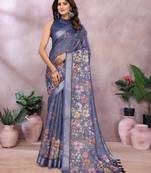Blue woven cotton silk saree with blouse piece