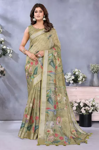 Mehendi woven cotton silk saree with blouse piece