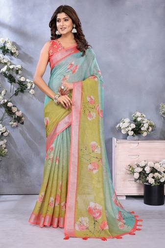Blue woven cotton silk saree with blouse piece