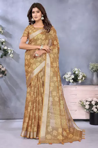 Rust woven cotton silk saree with blouse piece