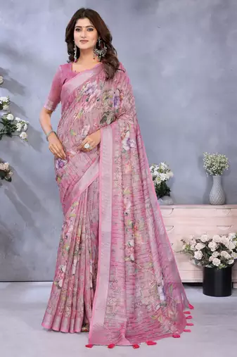 Pink woven cotton silk saree with blouse piece
