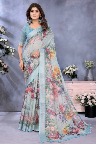 Blue woven cotton silk saree with blouse piece
