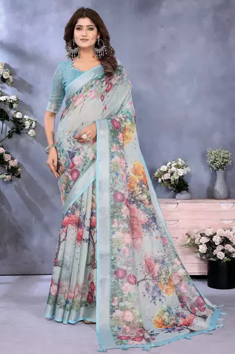 Blue woven cotton silk saree with blouse piece