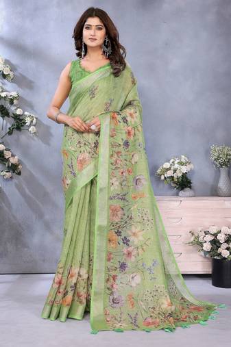 Green woven cotton silk saree with blouse piece