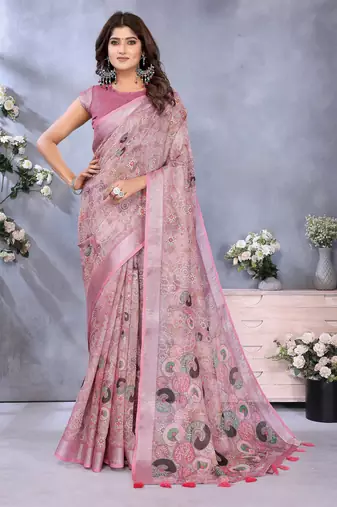 Pink woven cotton silk saree with blouse piece