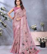Pink woven cotton silk saree with blouse piece