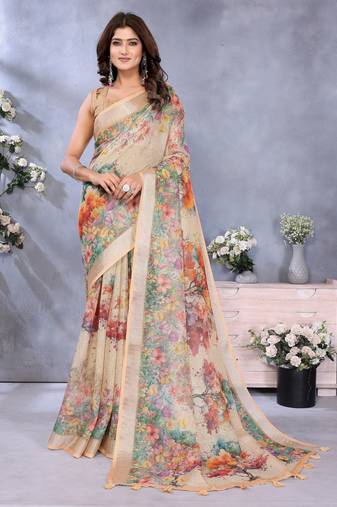 Beige woven cotton silk saree with blouse piece