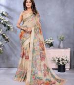 Beige woven cotton silk saree with blouse piece