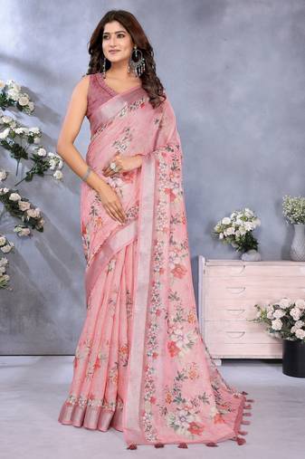 Pink woven cotton silk saree with blouse piece