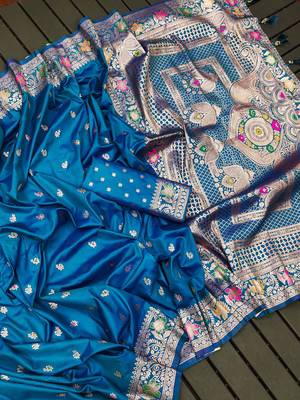 Sky blue soft silk blend saree with zari weaving meenakari design 1