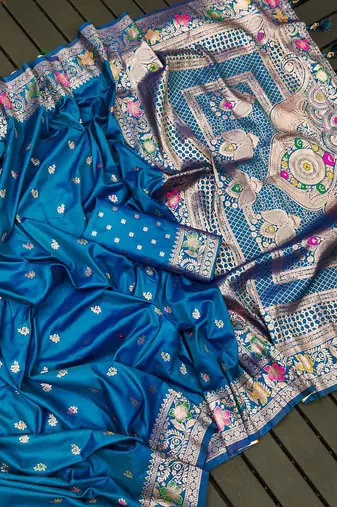 Sky blue soft silk blend saree with zari weaving meenakari design