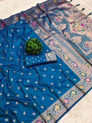 Sky blue soft silk blend saree with zari weaving meenakari design 2