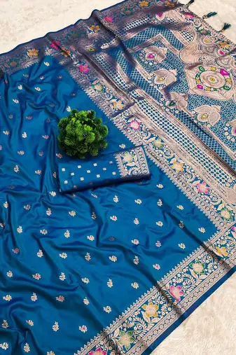 Sky blue soft silk blend saree with zari weaving meenakari design