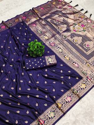 Navy blue soft silk blend saree with zari weaving meenakari design 1