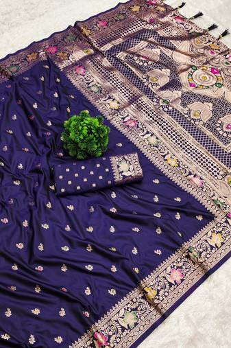 Navy blue soft silk blend saree with zari weaving meenakari design