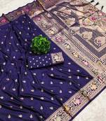 Navy blue soft silk blend saree with zari weaving meenakari design