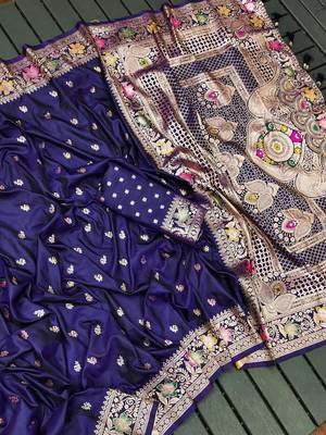 Navy blue soft silk blend saree with zari weaving meenakari design 2