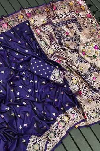 Navy blue soft silk blend saree with zari weaving meenakari design