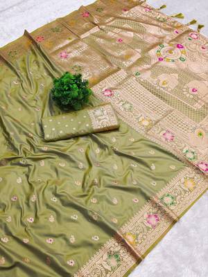 Light green soft silk blend saree with zari weaving meenakari design 1