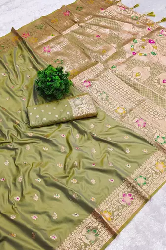 Light green soft silk blend saree with zari weaving meenakari design