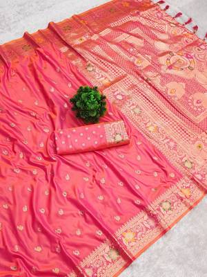 Pink soft silk blend saree with zari weaving meenakari design 1